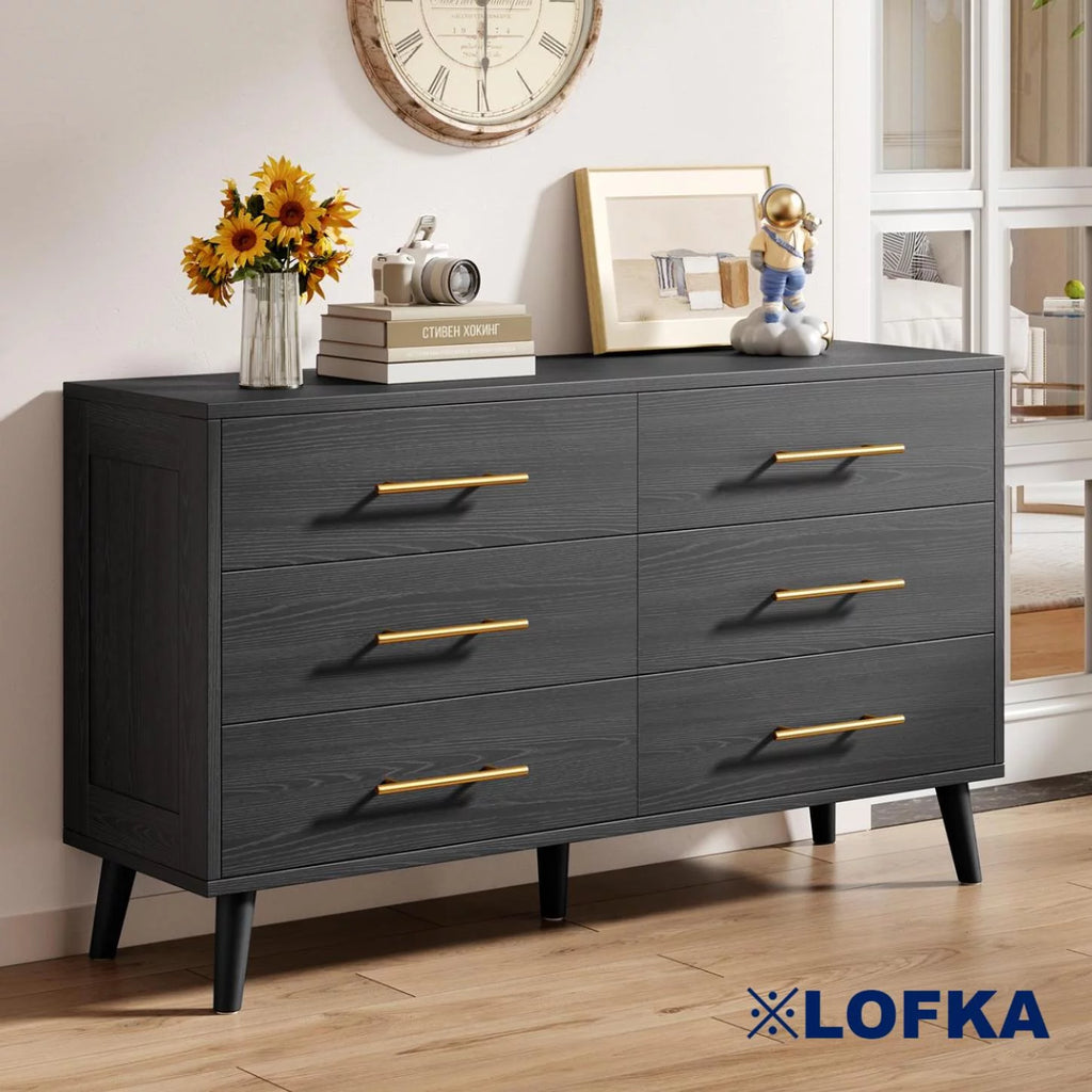 White 6 Drawer Dresser with Gold Handles B68542