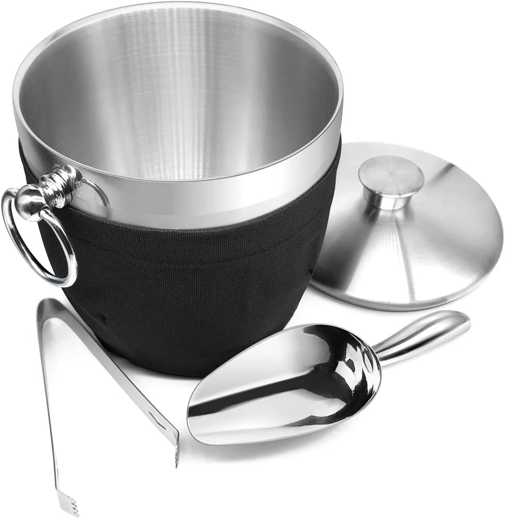 Black Double Walled Stainless Steel Insulated Ice Bucket with Nylon Holder A384