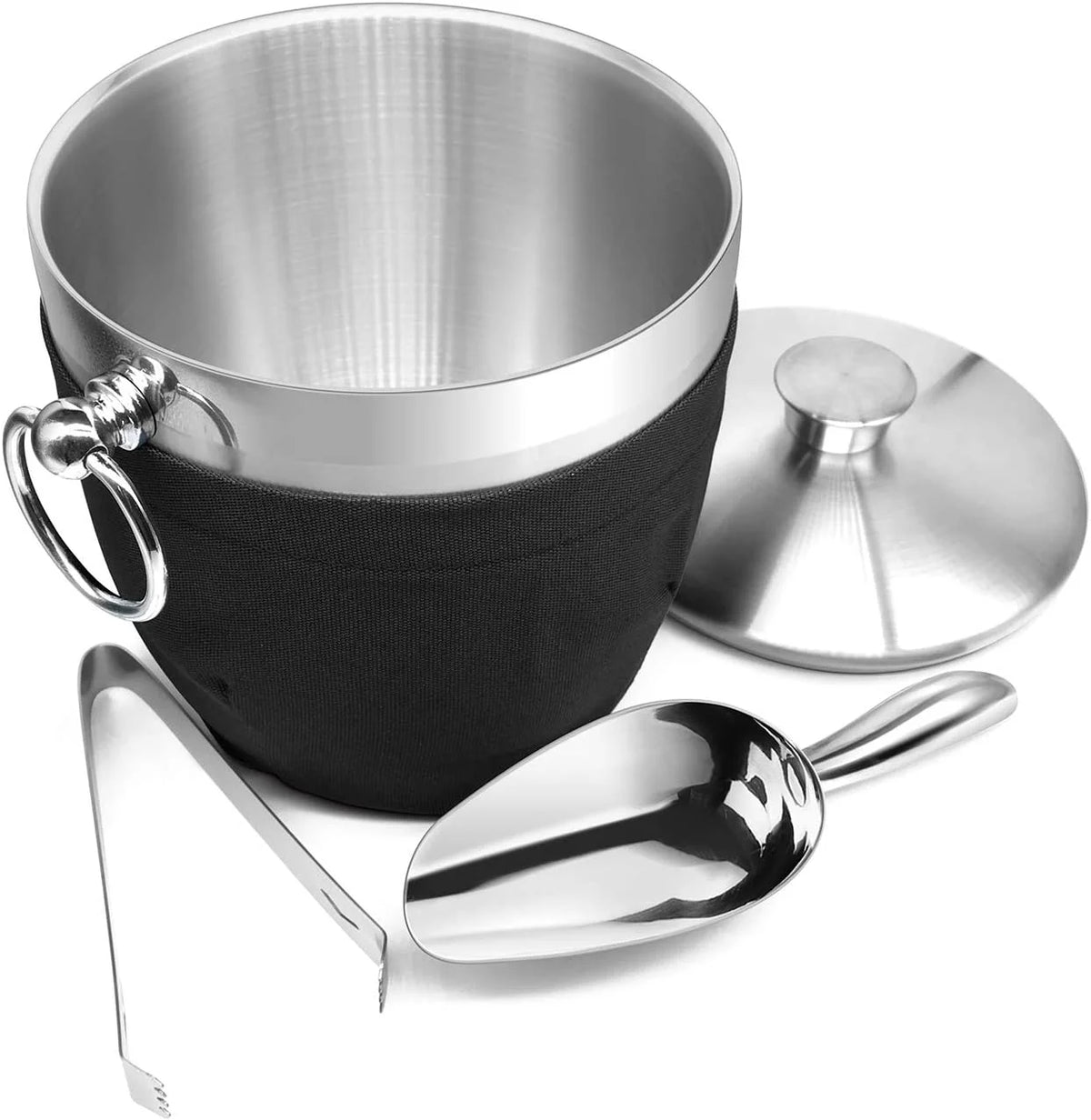 Black Double Walled Stainless Steel Insulated Ice Bucket with Nylon Holder A384
