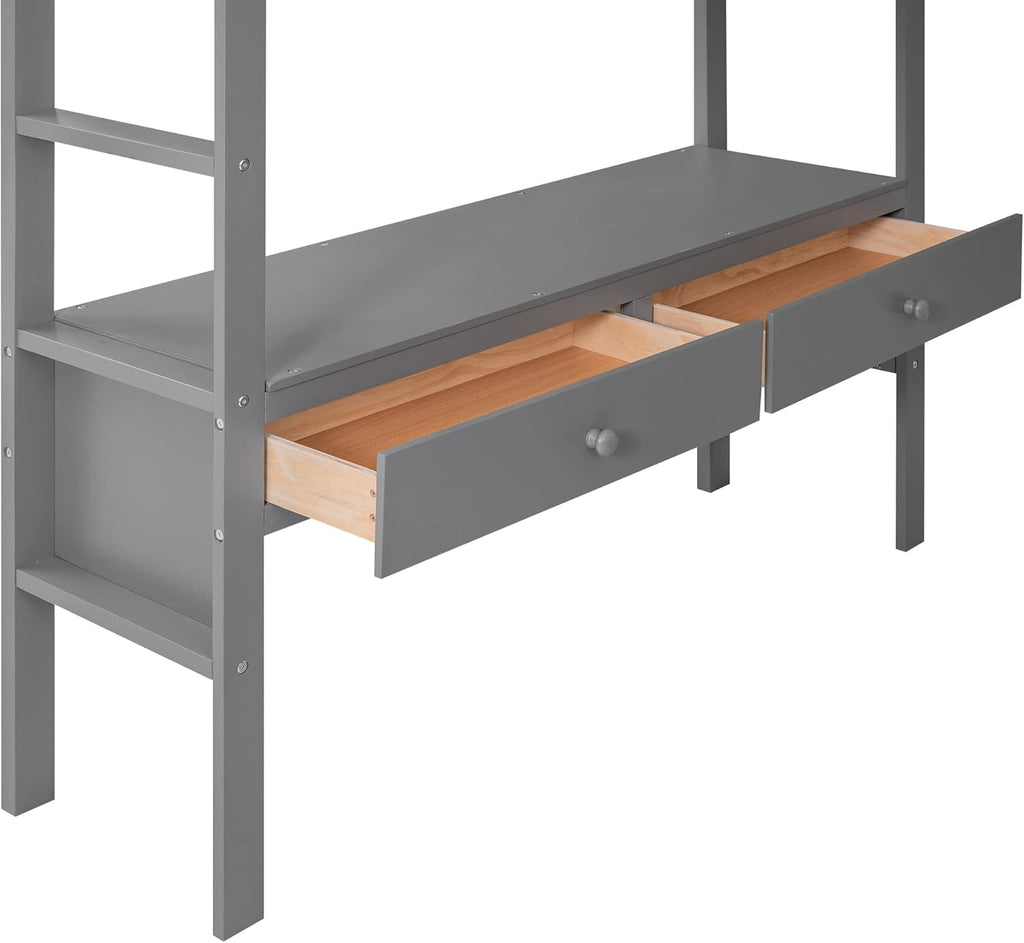 Full Size Solid Wood Loft Bed with Desk and 2 Drawers, Grey Q221564
