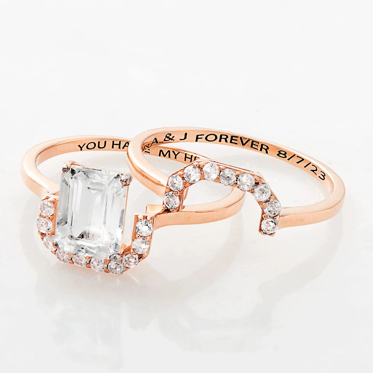 14K Rose Gold over Sterling Silver Emerald Cut White Topaz 2 Piece Wedding Set P9727