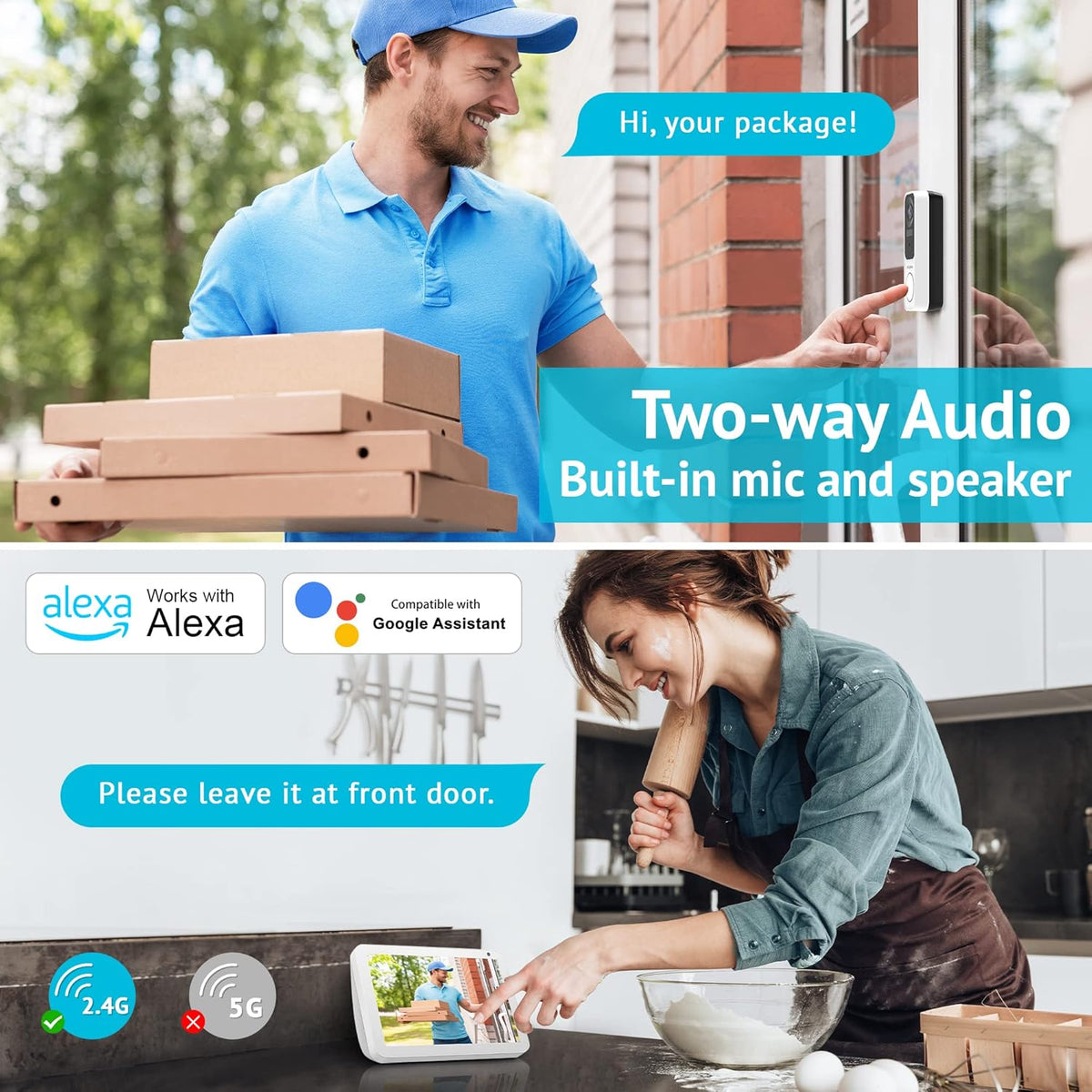 Wireless 2K Doorbell Camera with Base Station, Night Vision, Two-Way Audio Y13335