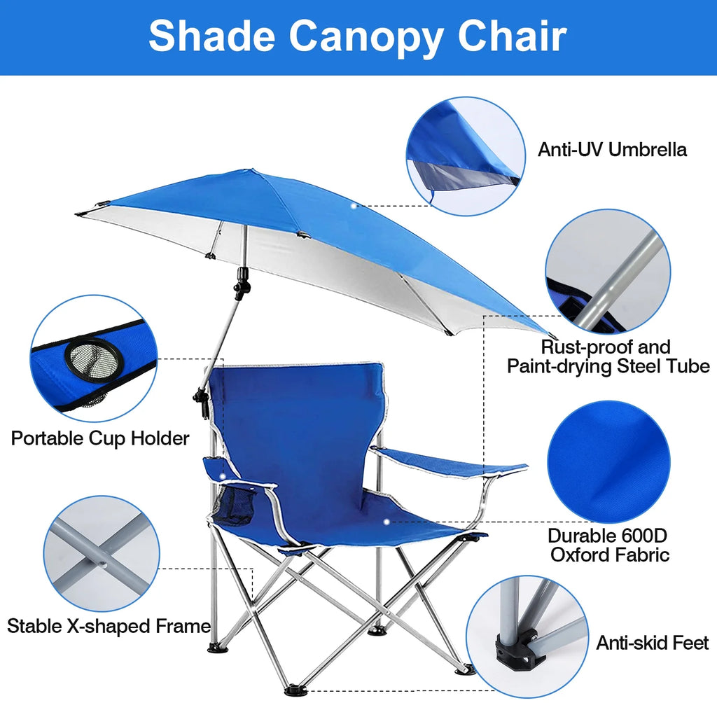 Blue Foldable Beach Chair with Detachable Umbrella Cup Holder Carry Bag N7143