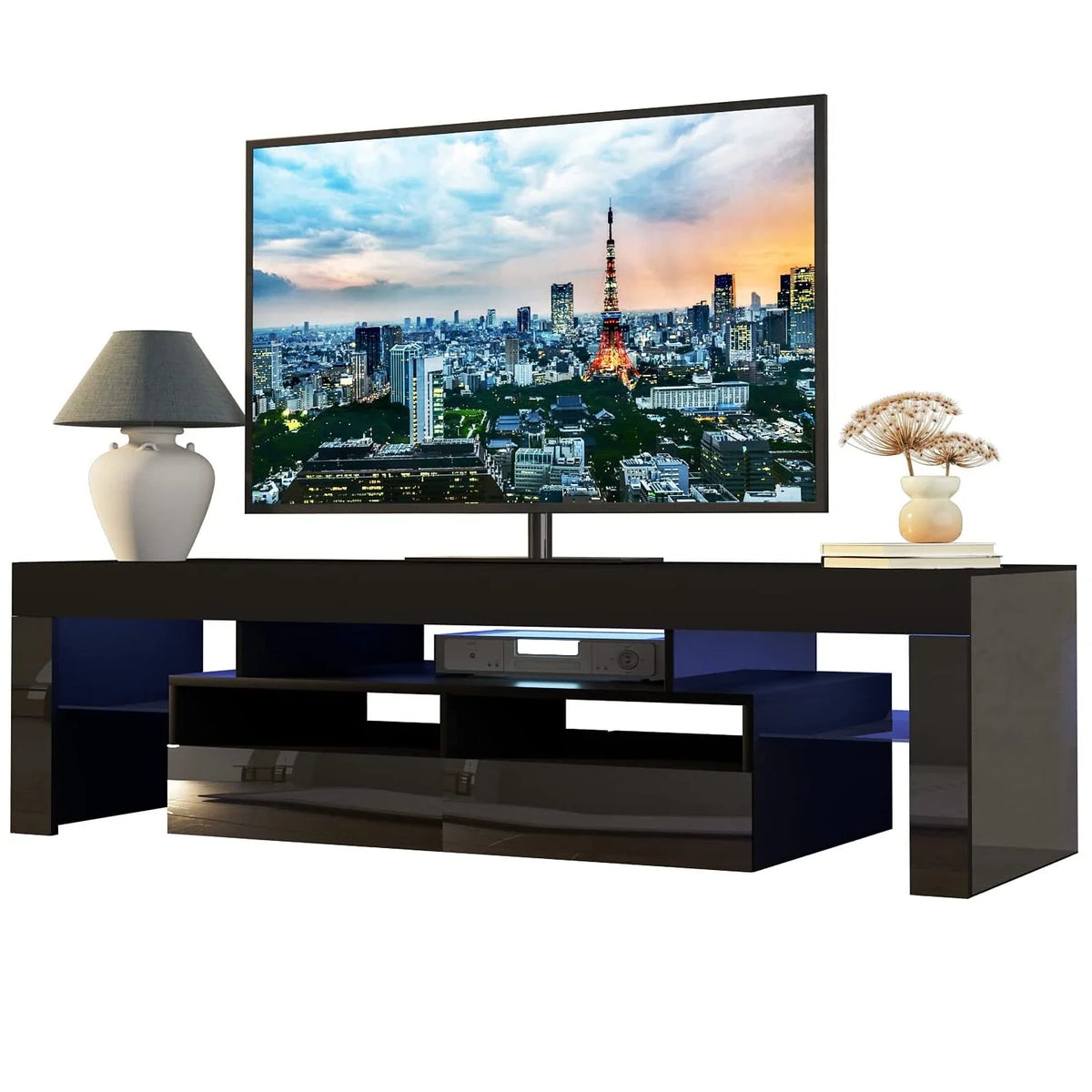 Black LED Light TV Stand with Drawer and Glass Shelf O591