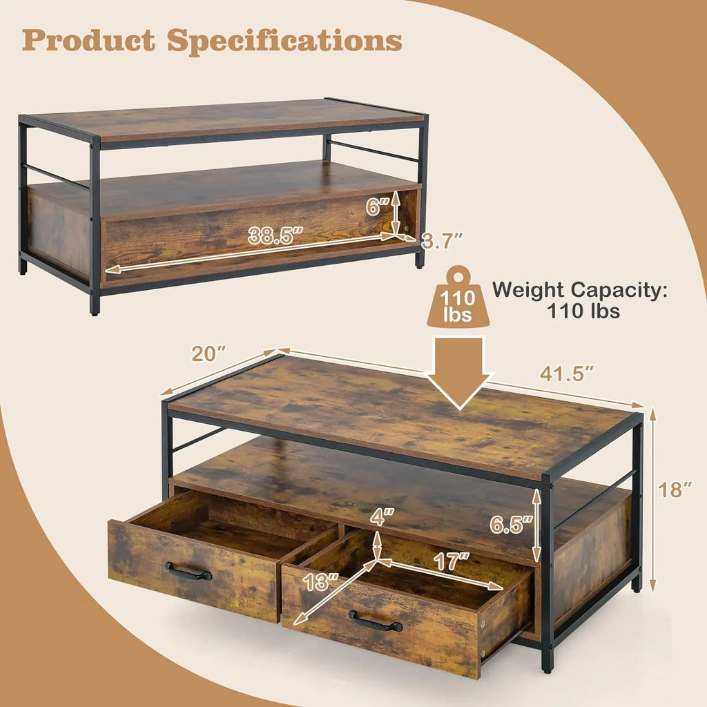 Coffee Table with Storage, Industrial Rectangular Cocktail Table, Metal Frame Wooden Accent Table C319800