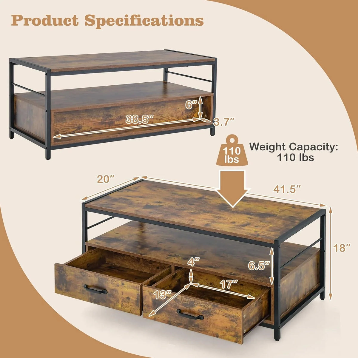Coffee Table with Storage, Industrial Rectangular Cocktail Table, Metal Frame Wooden Accent Table C319800