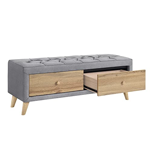 Gray Upholstered Wooden Storage Ottoman Bench with 2 Drawers D9325