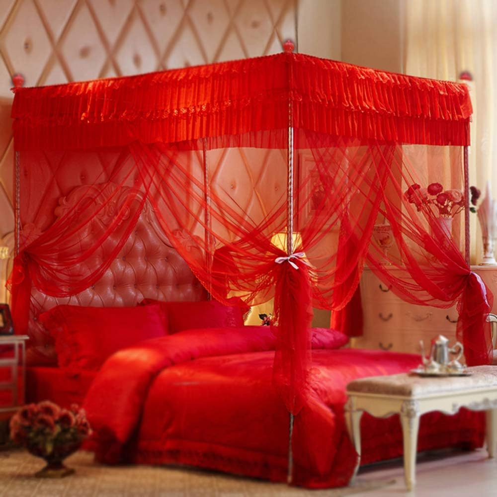 Queen Black Canopy Bed Frame with Bed Drape Netting Y683476