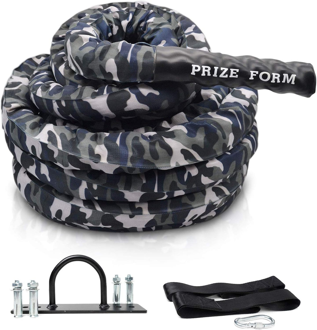 Battle Exercise Training Rope with Camo Protective Cover & Anchor Strap Kit, Poly Dacron 1.5 Inch Diameter 30ft 40ft X1704