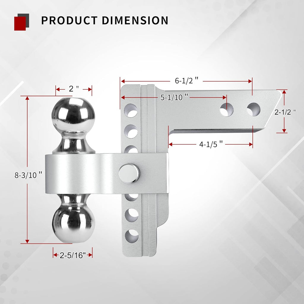 Adjustable Trailer Hitch Ball Mount, 2.5-Inch Receiver, 6-Inch Drop, Forged Aluminum Shank, 2-Inch and 2-5/16-Inch Combo Stainless Steel Tow Balls with Double Pin Key Locks D986892