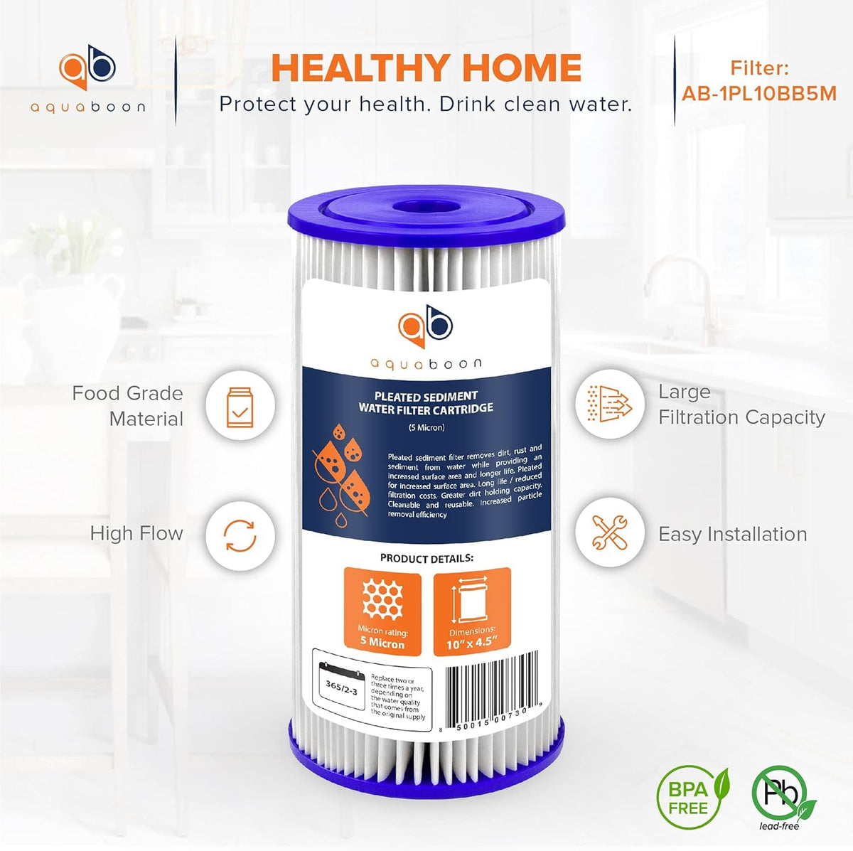 5 Micron 10 Pleated Sediment Water Filter Replacement Cartridge K807590