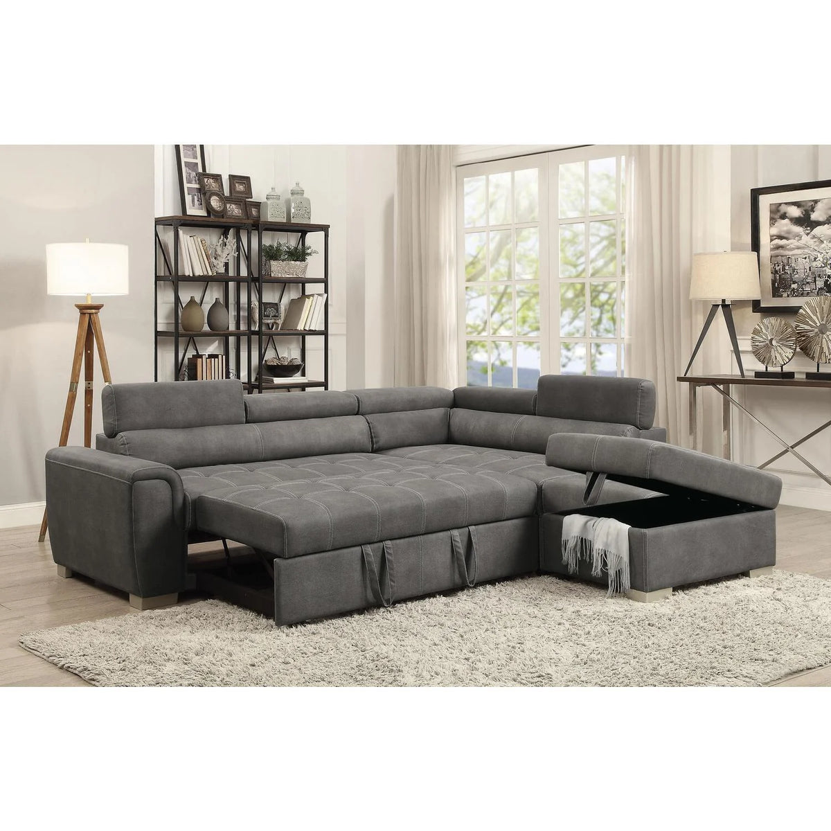 Gray Microfiber Sectional Sleeper Sofa and Ottoman G748075