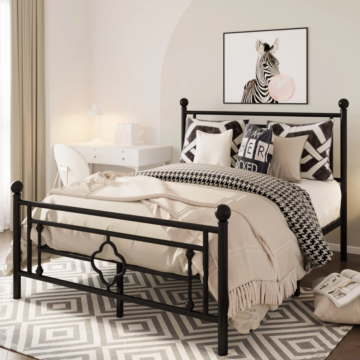 Queen Size Black Metal Platform Bed Frame with Headboard and Footboard H45295