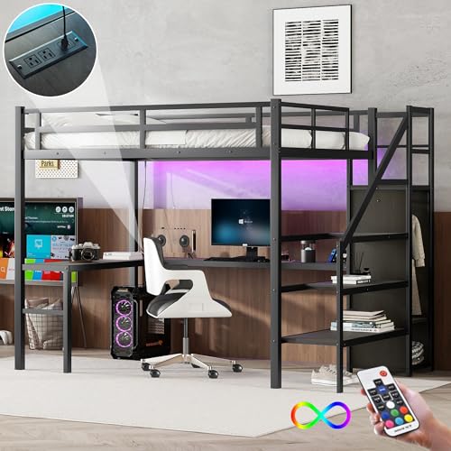 Full XL Size Black Metal Loft Bed with L-Shaped Desk and Stairs P58160