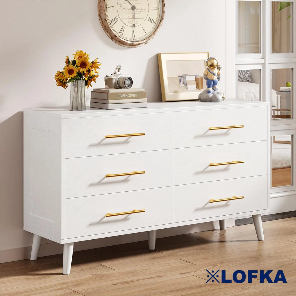 White 6 Drawer Dresser with Gold Handles B68542
