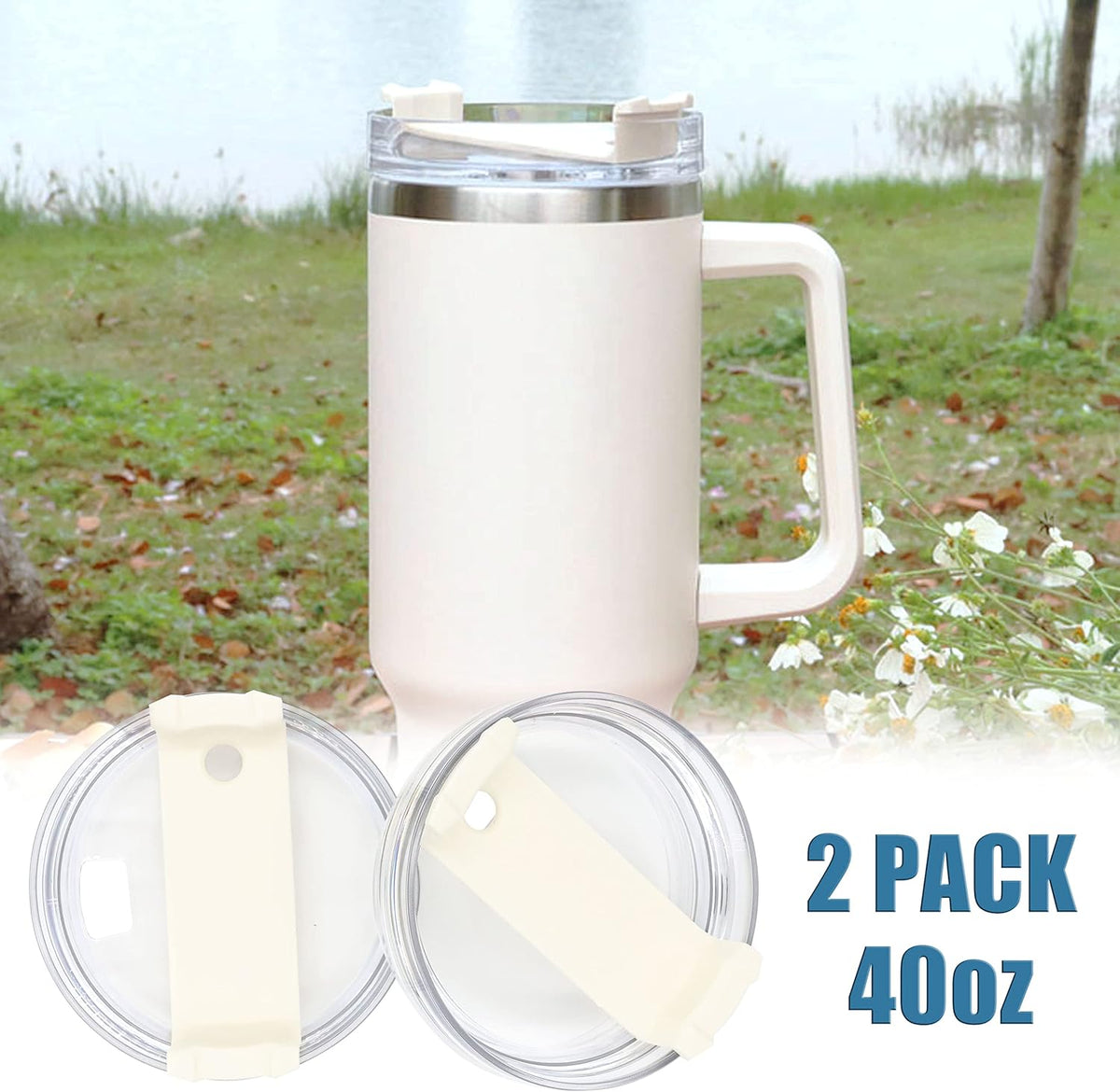 2 Pack Replacement Tumbler Lids for 40oz Travel Tumbler with Plastic Straws and Cleaning Brush F10404