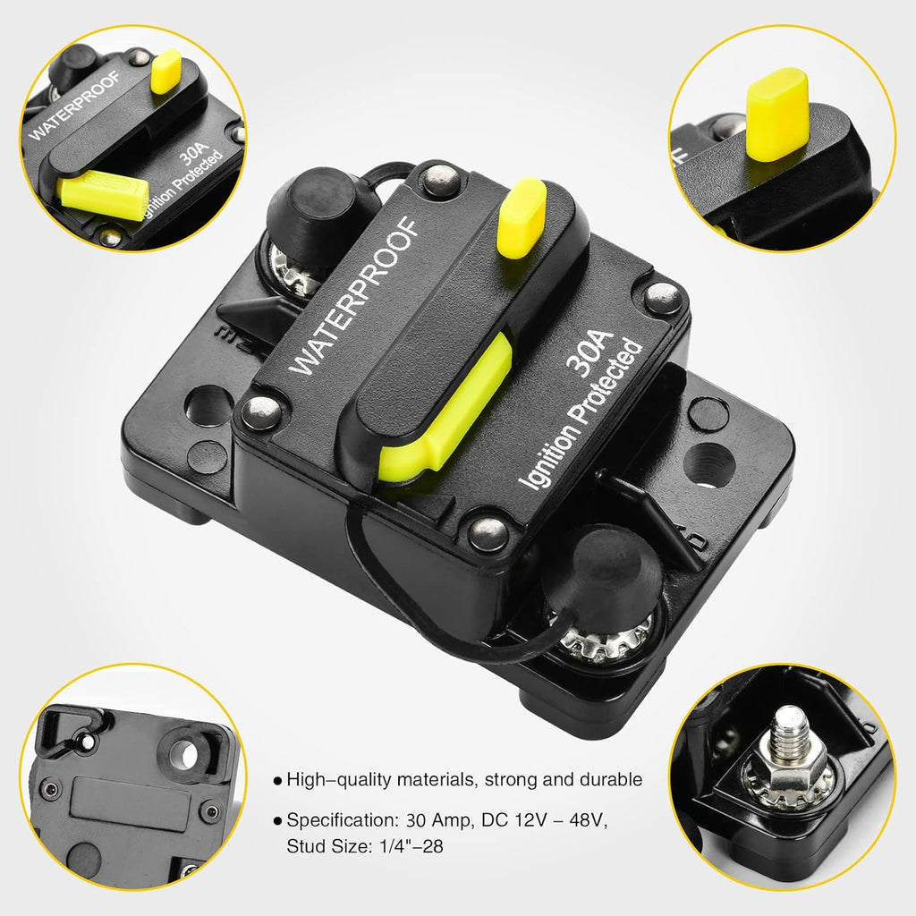 30 Amp Circuit Breaker, Inline Fuse Inverter with Manual Reset, 12V-48V DC Water Proof, Surface Mount-30A, Pack of 2 E778