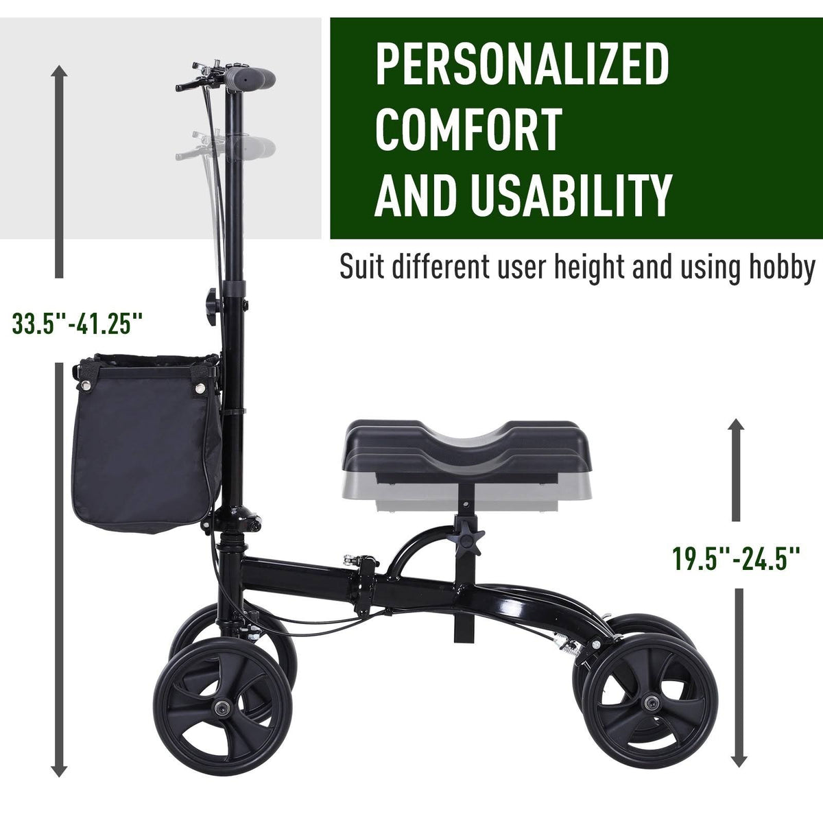Black Foldable Knee Walker Scooter with Basket C9095