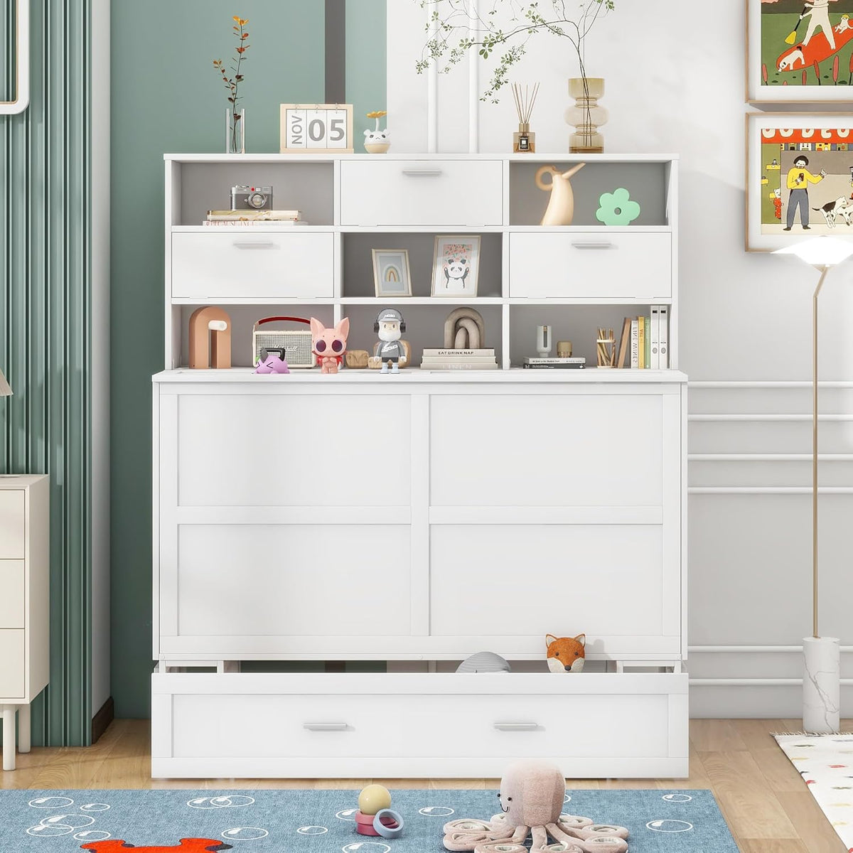 Queen Size Murphy Bed with Bookcase and Drawer M104