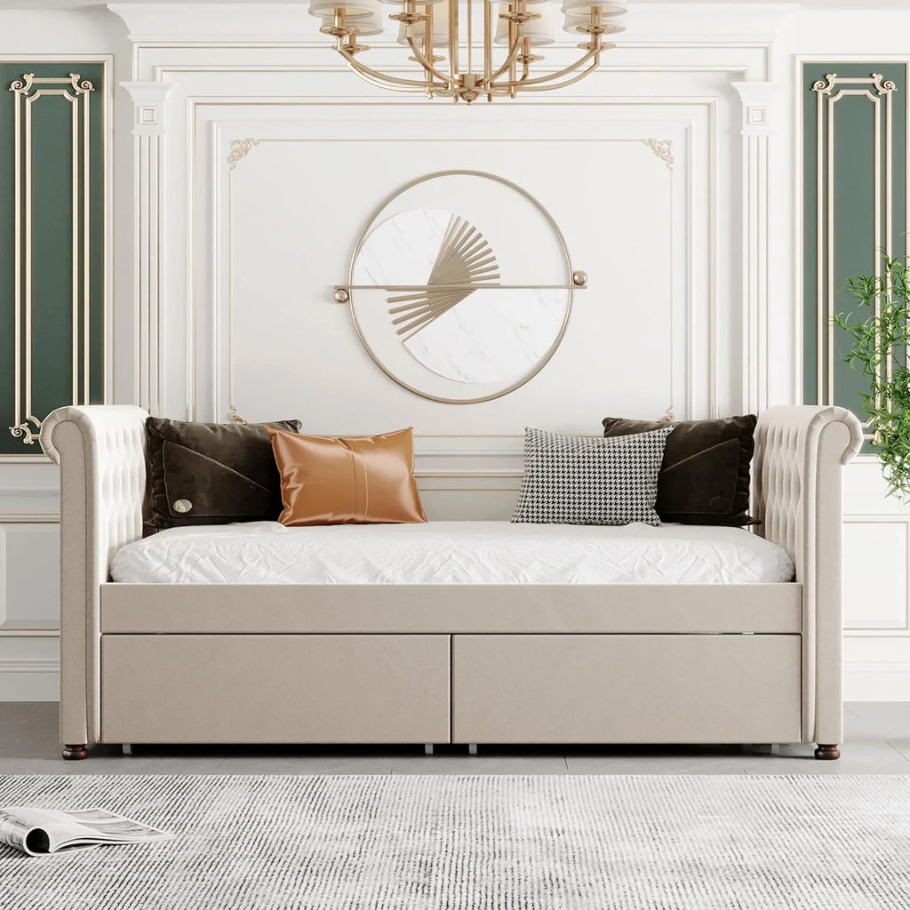 Beige Upholstered Daybed with Storage and 2 Drawers R816