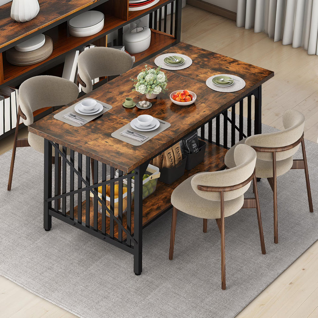 Rustic Brown Industrial Rectangular Wood Dining Table with Storage J5320