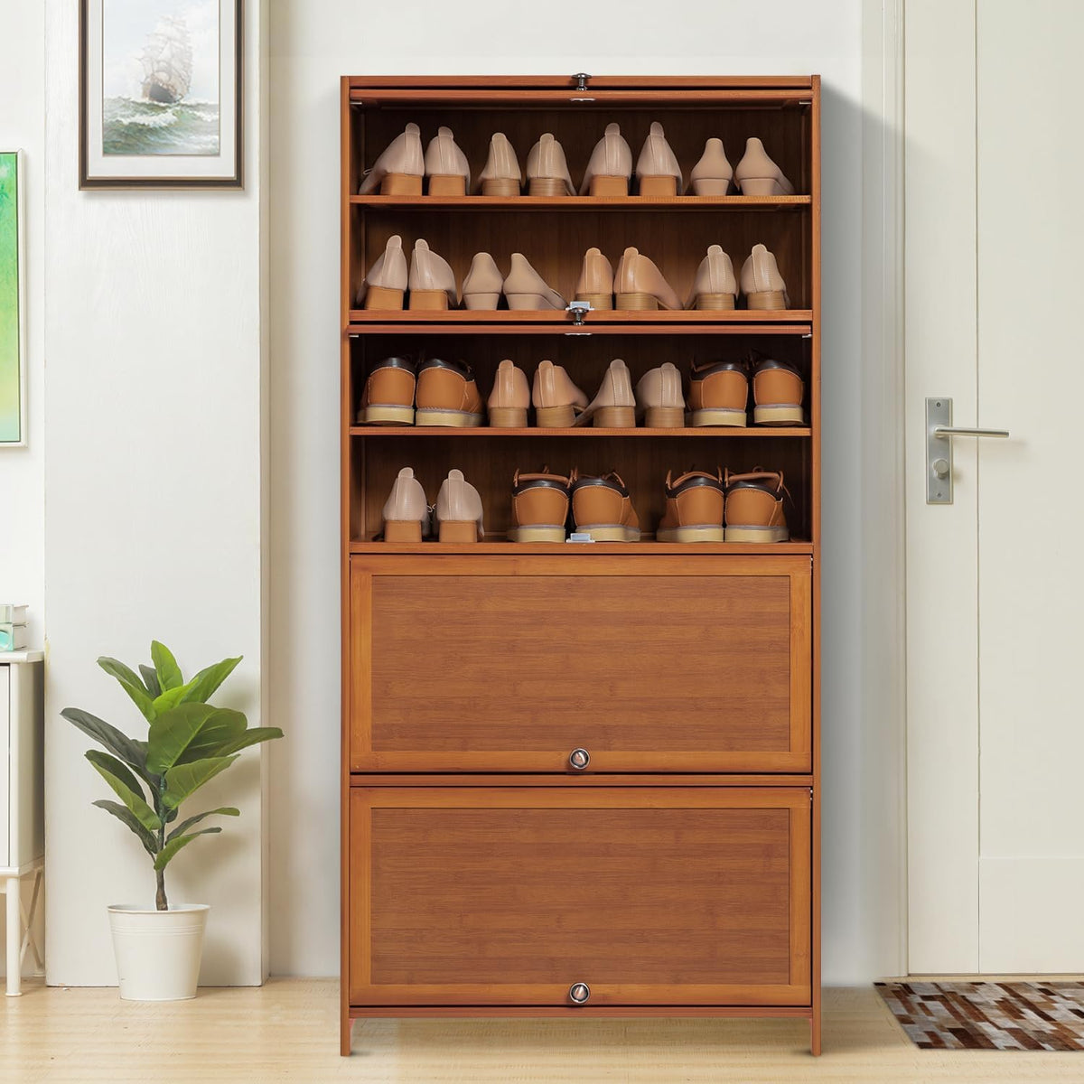Bamboo 8 Tier Shoe Shelf Storage Rack with Flip Doors X2839