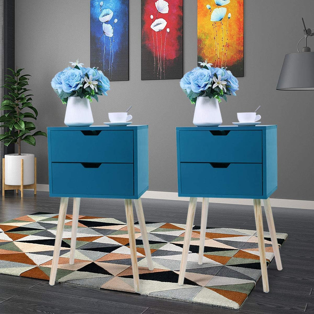 Set of 2 Blue 2 Drawer Wood Nightstand S760