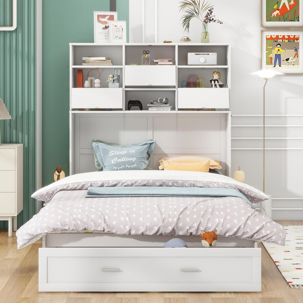 Queen Size Murphy Bed with Bookcase and Drawer M104