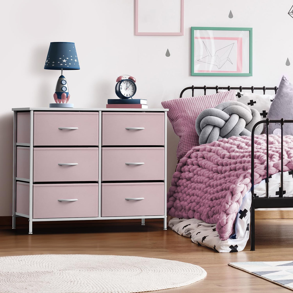 6 Drawer Pink Kids Dresser with Nightstand X9136