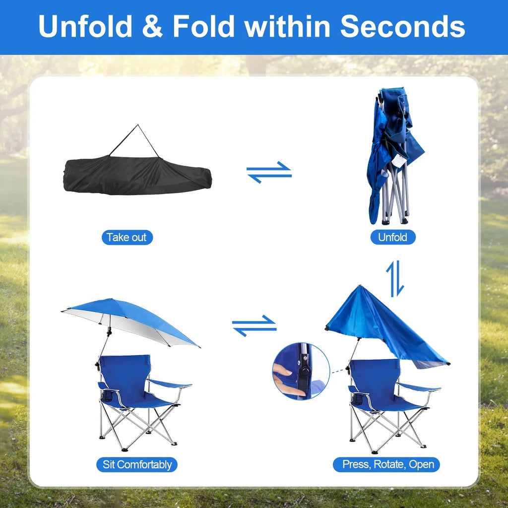 Blue Foldable Beach Chair with Detachable Umbrella Cup Holder Carry Bag N7143