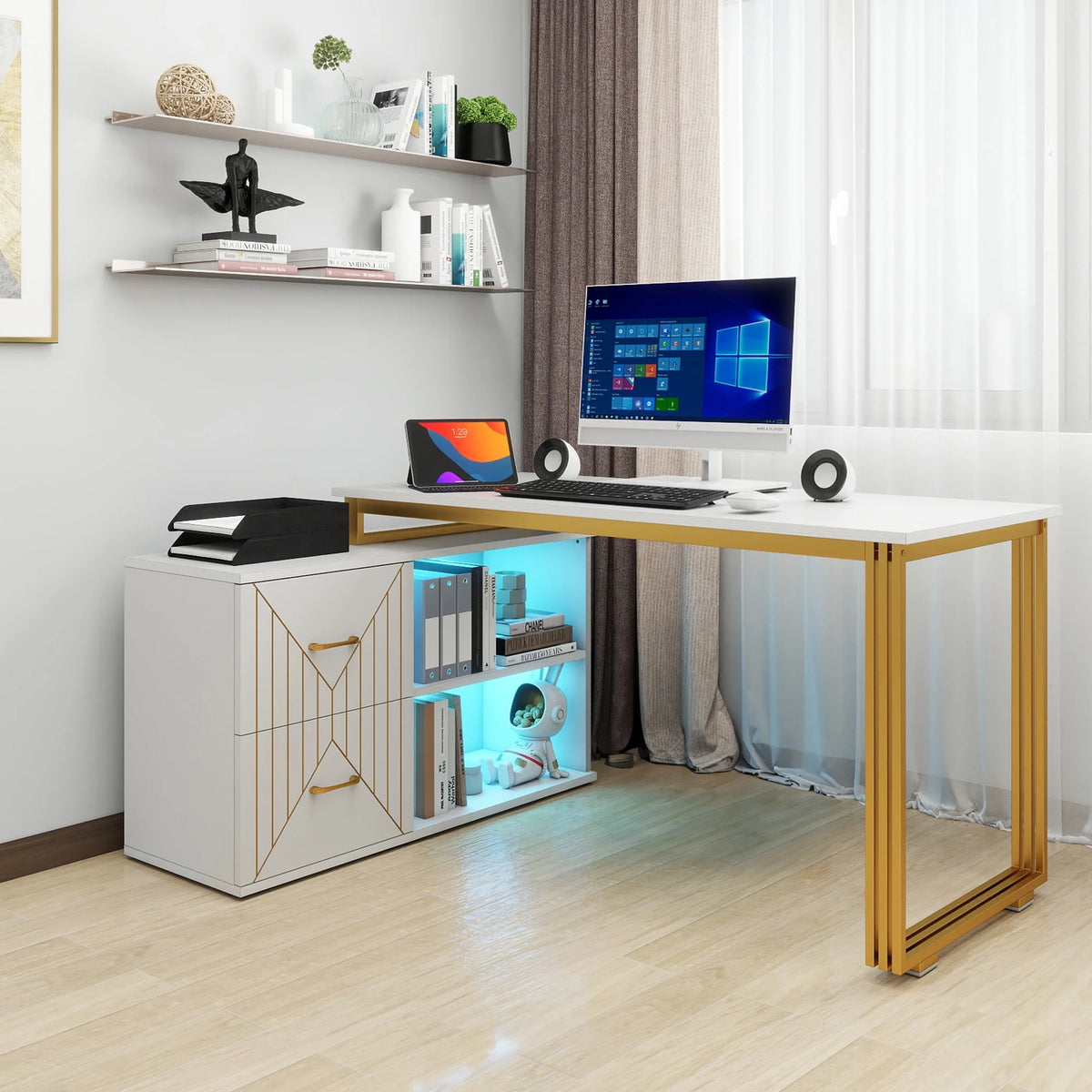 White 55 Inch L Shaped Corner Desk with Drawers and Storage Shelves T977199