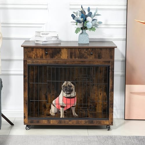 Grey 31.7" L×23.2" W×33" H Wooden Dog Crate with 2 Drawers Q75603