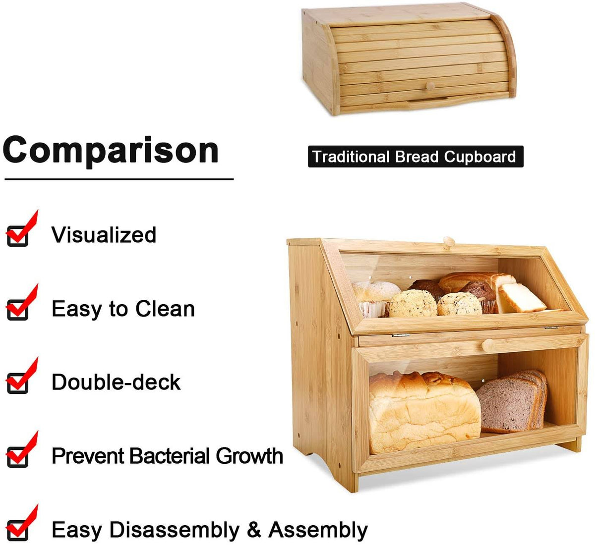 Double Layer Large Wooden Bread Box V1986