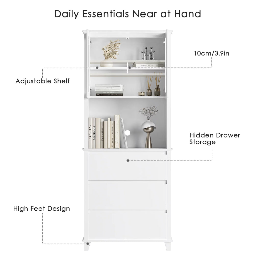 White 3 Drawer Tall Cabinet with Glass Door Q282
