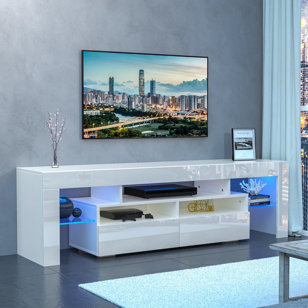 Black LED Light TV Stand with Drawer and Glass Shelf O591