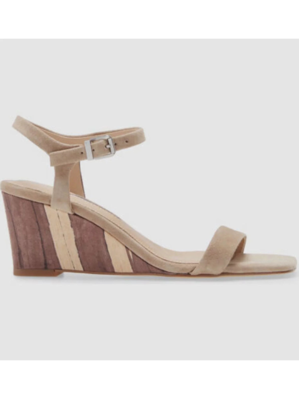 Beige Striped Adjustable Padded Ankle Strap Square Toe Wedge Leather Dress Sandals Z506