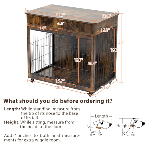 Grey 31.7" L×23.2" W×33" H Wooden Dog Crate with 2 Drawers Q75603