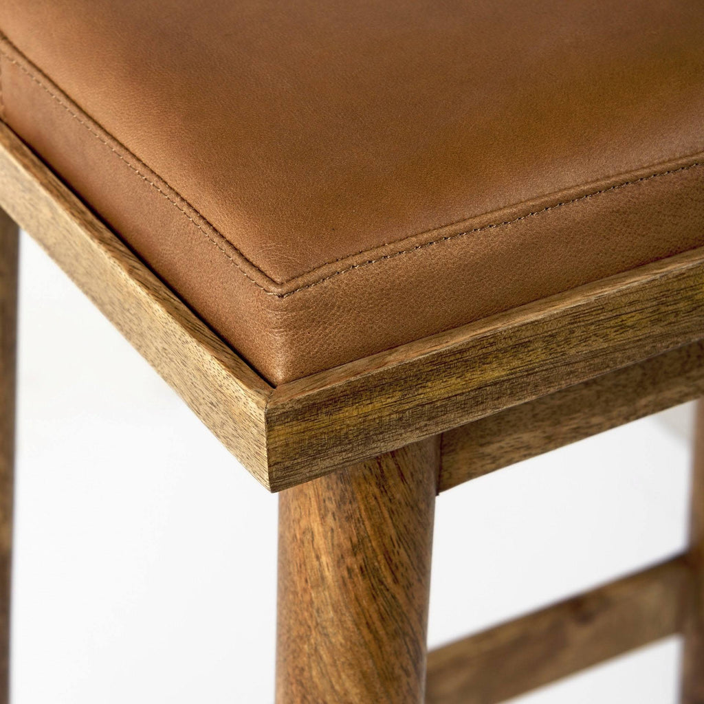 Cognac Brown Leather Medium Brown Wood Bar Stool T229