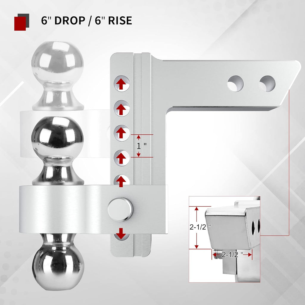 Adjustable Trailer Hitch Ball Mount, 2.5-Inch Receiver, 6-Inch Drop, Forged Aluminum Shank, 2-Inch and 2-5/16-Inch Combo Stainless Steel Tow Balls with Double Pin Key Locks D986892