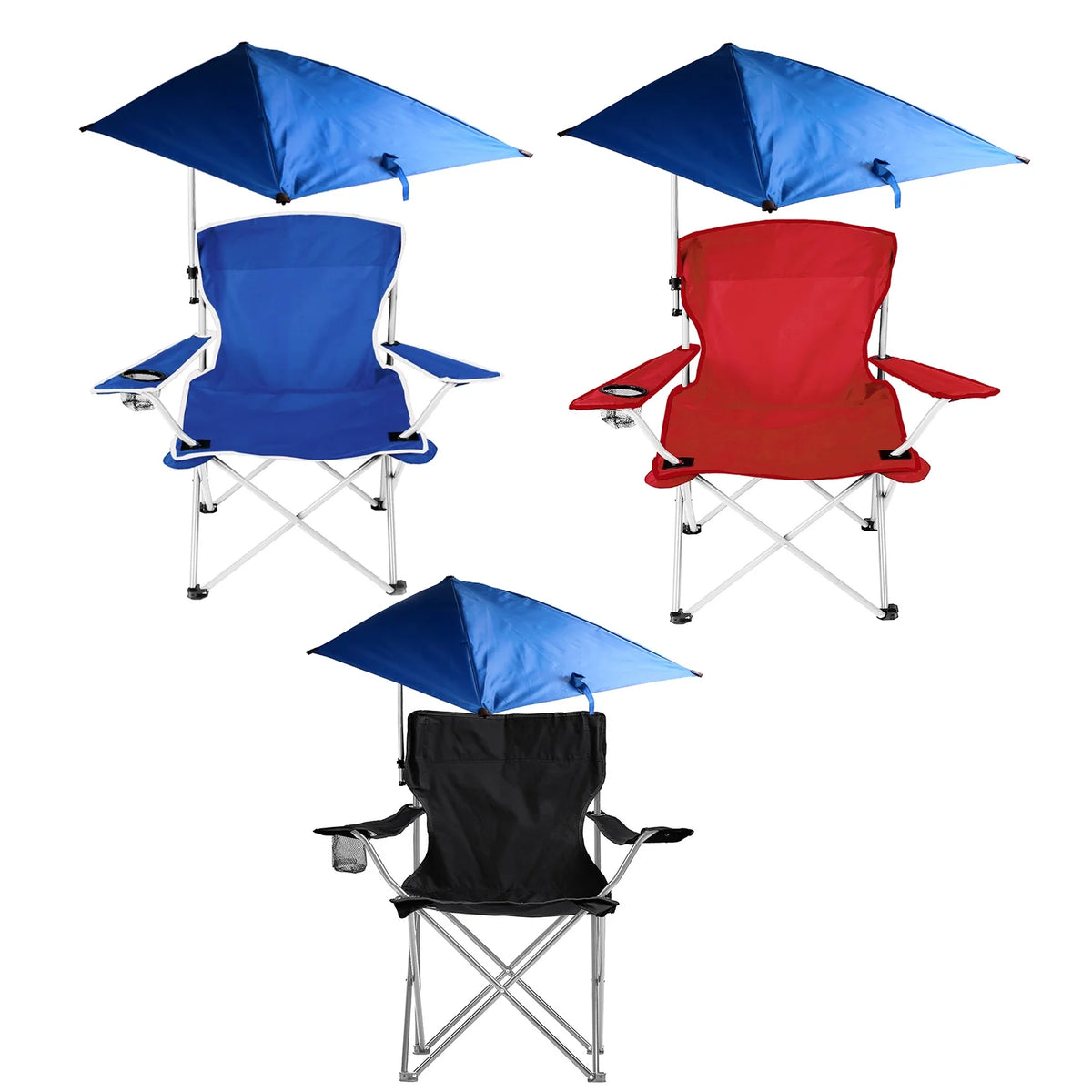 Blue Foldable Beach Chair with Detachable Umbrella Cup Holder Carry Bag N7143