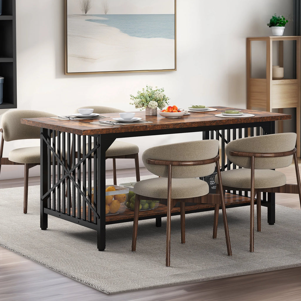 Rustic Brown Industrial Rectangular Wood Dining Table with Storage J5320