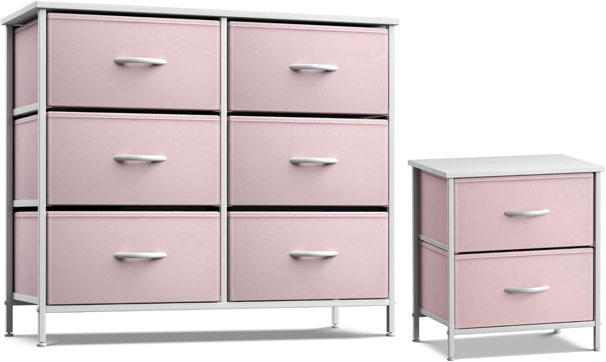 6 Drawer Pink Kids Dresser with Nightstand X9136