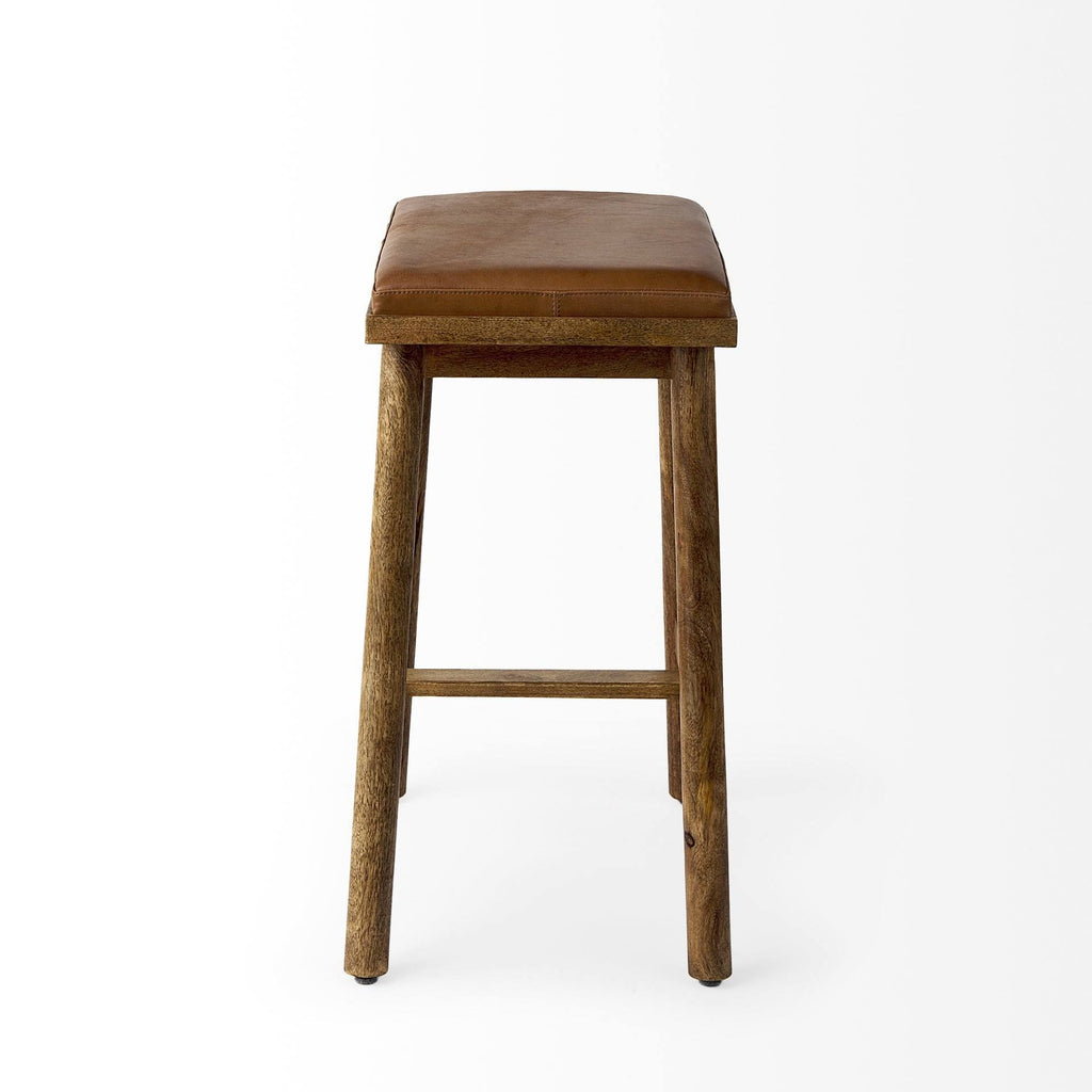 Cognac Brown Leather Medium Brown Wood Bar Stool T229