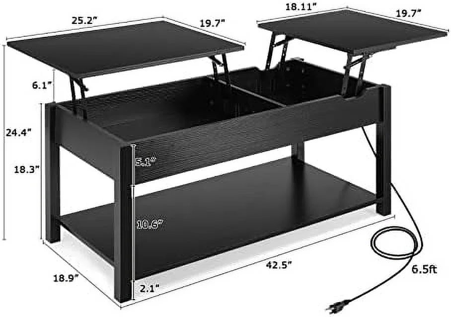 42.5" Lift Top Coffee Table with Hidden Compartment and USB Ports F222