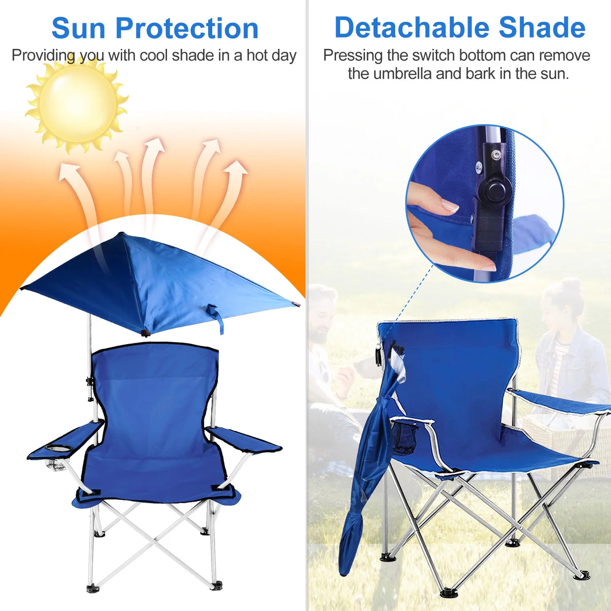 Blue Foldable Beach Chair with Detachable Umbrella Cup Holder Carry Bag N7143
