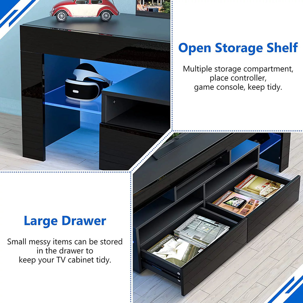 Black LED Light TV Stand with Drawer and Glass Shelf O591