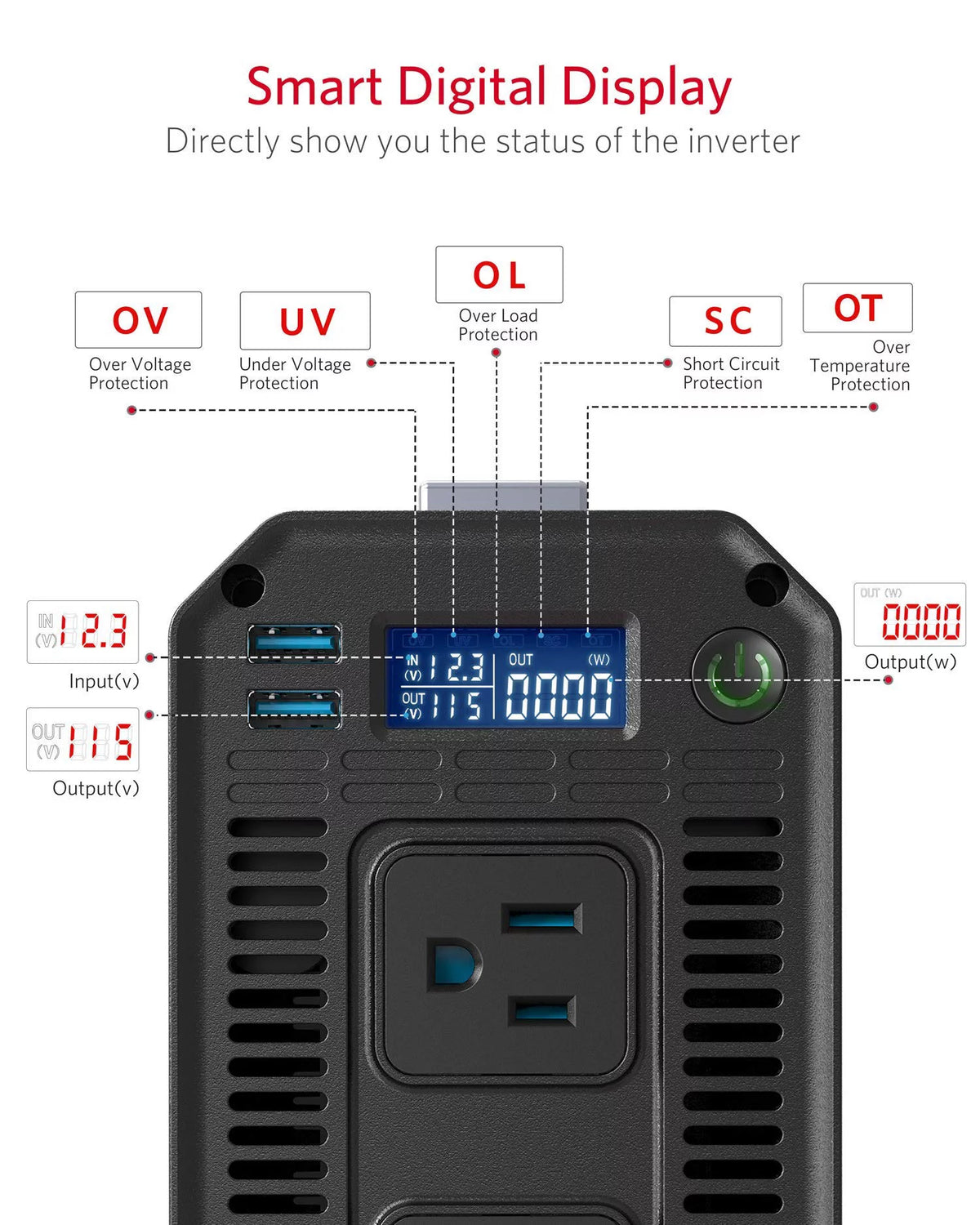 1200W Power Inverter DC 12V to 110V AC Converter with LCD Display Dual USB Car Charger A2210