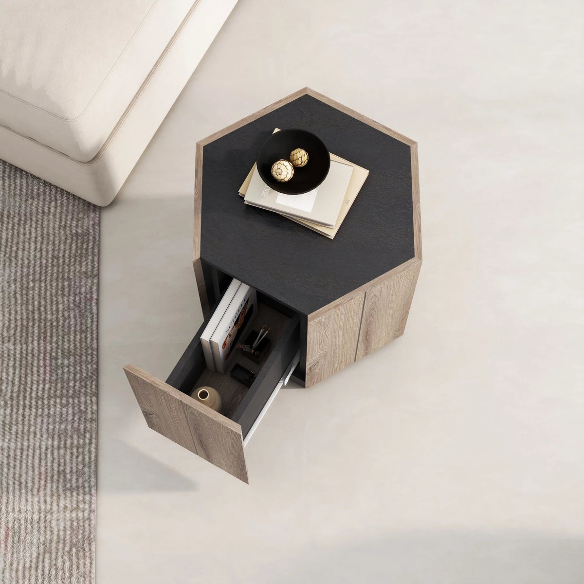 Textured Black Warm Oak Corner Table with Drawer R365