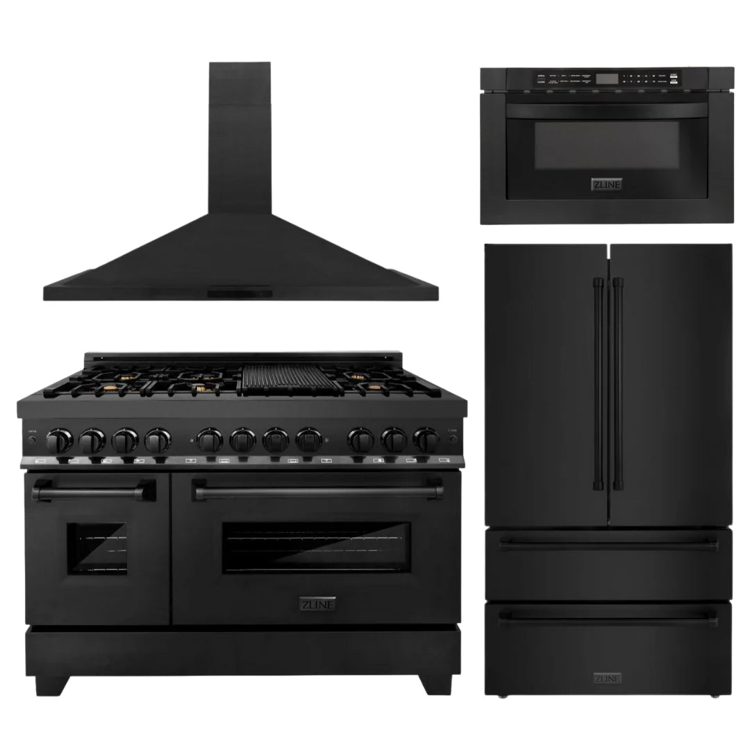48 in. Dual Fuel Range, Range Hood, Microwave Drawer, Refrigerator in Black Stainless G6655