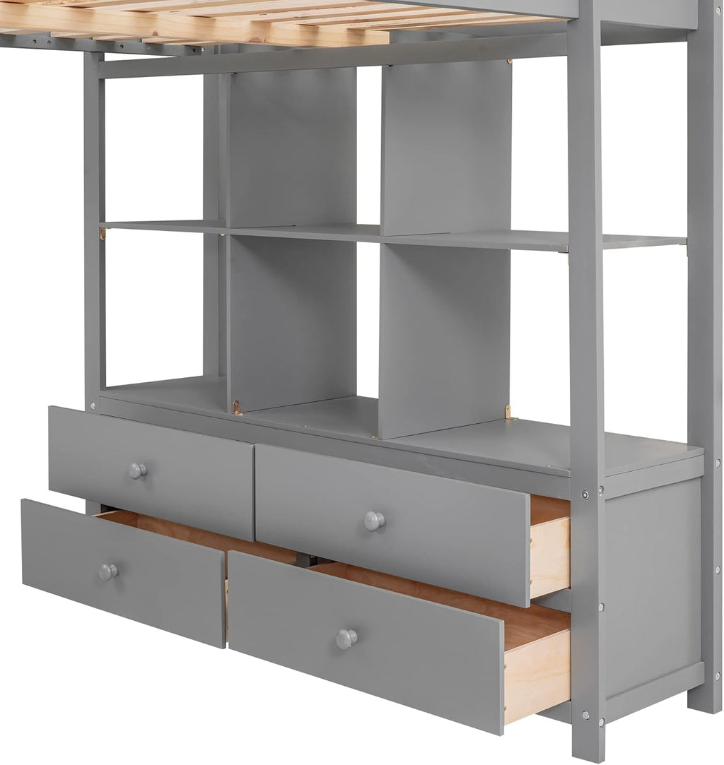 Full Size Solid Wood Loft Bed with Desk and 2 Drawers, Grey Q221564